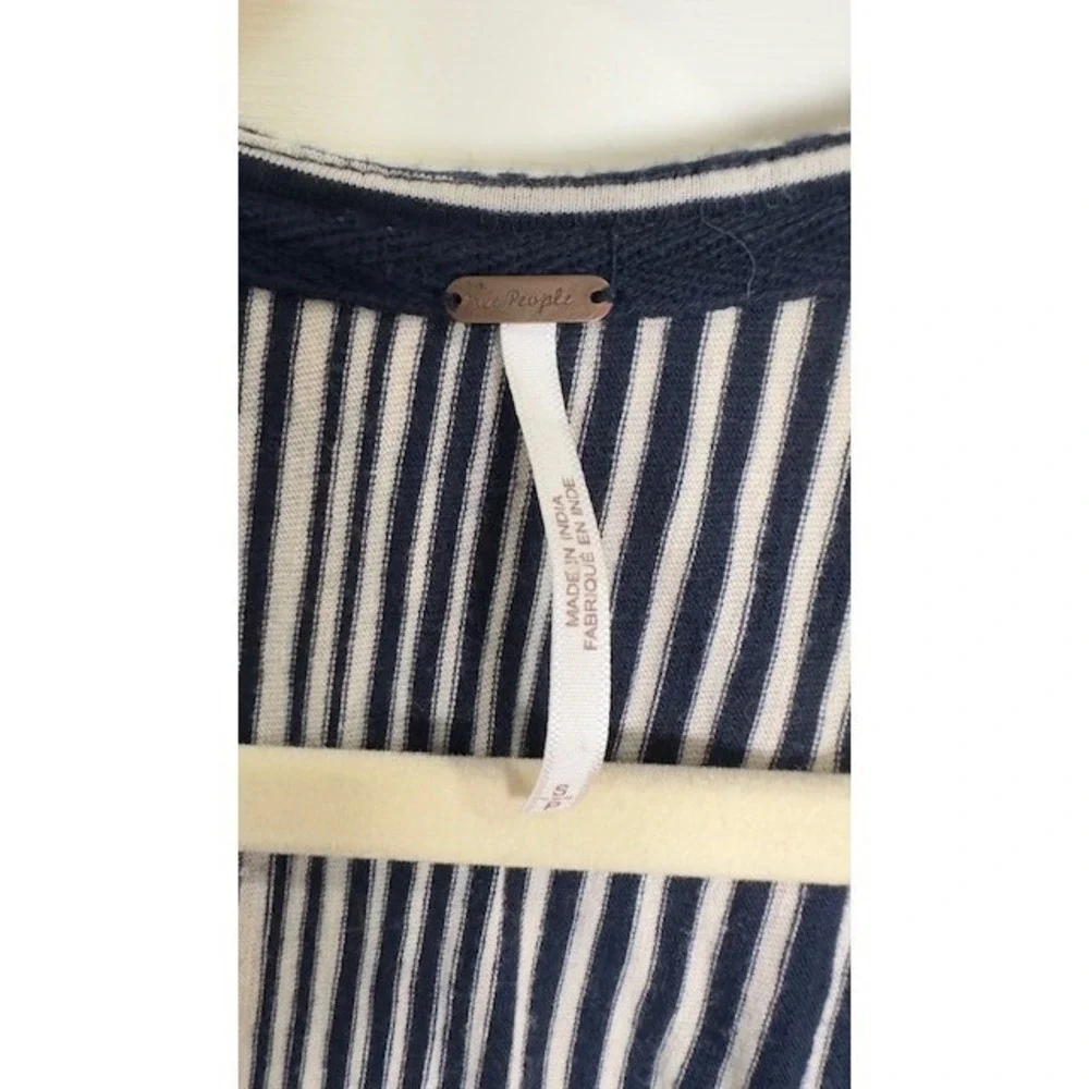 Free People Wrap Top Womens S Navy Blue Stripe Puff Sleeve Ruffle Cotton